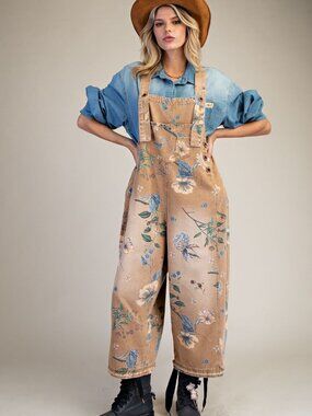 Floral Printed Tan Wide-Leg Overalls Jumpsuit